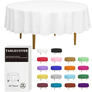 D&Z Einweg-Tischdecke aus Kunststoff, rund, einzeln verpackt, für drinnen und draußen, 213 cm, Tischdecke für Party, Picknick, Geburtstag, Hochzeit und Abendessen, Weiß, 12er-Pack