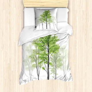 ABAKUHAUS Wald Mantele, Hand gezeichnete Natur-Motiv, Milbensicher Allergiker geeignet mit Kissenbezügen, 135 cm x 200 cm - 80 x 80 cm, Grün Schwarz Weiß - Grün