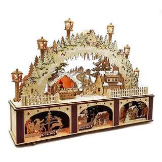 Wichtelstube-Kollektion XL Holzkunst LED Schwibbogen mit Podest Weihnachtsdorf Schwippbogen Lichterbogen Echtholz, Batteriebetrieben mit Timer, Weihnachtsdeko Fensterbank, 45cm Breite