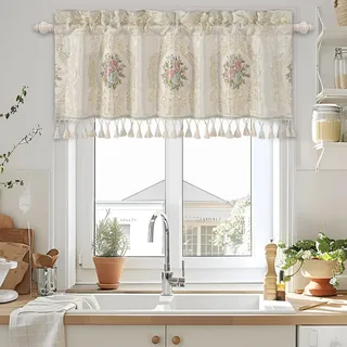 TOPLUXE Scheibengardine, Kurzstore für Schlafzimmer Esszimmer Wohnzimmer Küche, Damast Volant für Fenster 137x46 cm 1 Stück (Blumendruck)