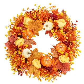 Cyiecw 40 cm Künstlicher Herbstkranz für Haustür und Innenbereich, Herbstdeko Erntekranz mit Ahornblätter und Kürbis, Wetterfester Kunststoff-Türkranz für Halloween, Thanksgiving, Weihnachten