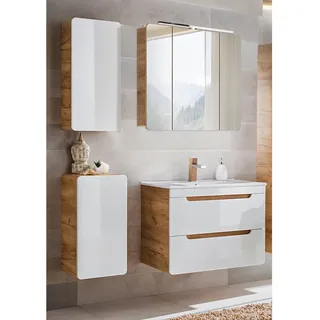 Badmöbel Set mit Keramikwaschtisch LUTON-56 in Hochglanz weiß mit Wotan Eiche Nb., B/H/T ca. 130/200/46 cm - Weiß