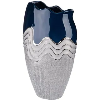 GILDE Vase Wavy - Keramik - konisch - Höhe 39cm x Breite 22,5cm - dunkelblau silberfarben - glasiert strukturiert - wasserdichte Blumenvase