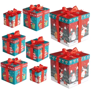 THE TWIDDLERS 8 Weihnachts-Geschenkboxen mit Deckel (4 Größen: 10-18cm) – Quadratisches Karton Set zum Falten – Wiederverwendbare Geschenkverpackung mit Schleife – Rot & Grün