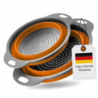 Faltbarer Seiher Sieb, Küche Silikon Klappbar Abtropfsieb Nudelsieb Set, Küchensieb Abwaschschüssel von Nudeln, Obst, Gemüse, 2 Größe (24.5+29.2cm) (Orange)