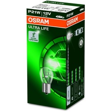Osram ULTRA LIFE P21W, Halogen-Signallampe, Bremslicht, Nebenschlussleuchte, 7506ULT, 12V PKW, Faltschachtel (10 Stück)