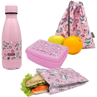 NERTHUS FIH 1027 Doppelwandige Flasche aus Edelstahl + Lunchbox + Sandwich-Tasche + Einhorn-Rucksack