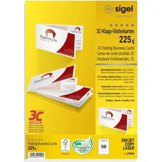 SIGEL LP838 Klapp-Visitenkarten 3C, 50 Stück = 10 Blatt, beidseitig bedruckbar, hochweiß, glatter Schnitt rundum, 180x55 mm