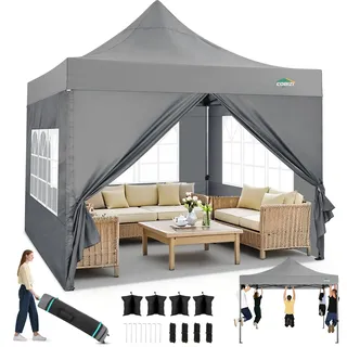 COBIZI Faltpavillon 3x3 Pavillon 3x3 Wasserdicht Stabil Winterfest 2.0, Outdoor Faltbar Gartenpavillon Pavillion UV Schutz 50+ 3 Höhenverstellbar, Partyzelt mit 4 Seitenteilen und 4 Sandsack, Grau