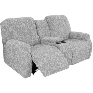 Sesselschoner Sesselbezug mit Armlehne & Taschen- Komplett Relaxsessel Bezüge für Recliner Chair, Stretchhusse Stretch Sessel Überzug für Fernsehsessel Liege Sessel mit Getränkehalter, Hellgrau