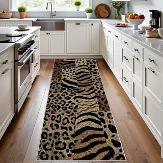 Meugesoi Tierhaut Patchwork Teppich Läufer Flur 60x120 cmRetro Tier Teppichläufer Leopard Zebramuster Küchenläufer Küche Teppiche rutschfest Waschbar Bettvorleger für Flur Waschküche