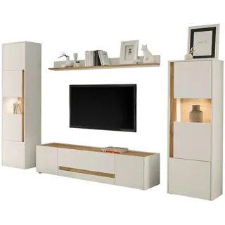 furn.design Wohnwand Schrankwand Wohnzimmer, Möbel 310 cm, 4-teilig in weiß, Eiche Wotan Center weiß 310 cm X 197 cm