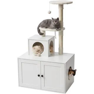 Relaxdays Kratzbaum mit Katzenkloschrank, HBT: 133x78x49 cm, Sisalstämme - weiß | Liegemulde, Holzoptik, Katzenturm,weiß