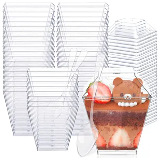 50 Stück Dessertgläser Plastik 60 ml, mit Deckel und Löffeln, Dessertbecher P-lastik Wiederverwendbar, Dessertschalen Eckig Plastik, Desserttasse für Mousse Pudding Eiscreme Dessert Party Picknick