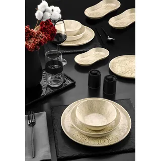 27-Piece Dinner Set, 100% Porcelain, Cream Color | Includes Service Plates, Bowls, Dessert Plates & Boat Plates | Dishwasher & Microwave Safe, Elegant Design