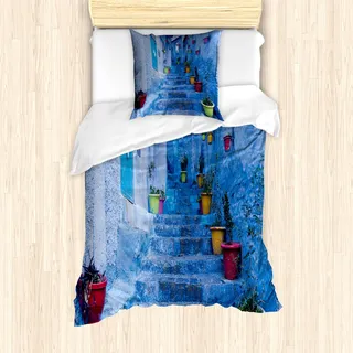 ABAKUHAUS Blau Mantele, Bunte Blumen auf Straße, Milbensicher Allergiker geeignet mit Kissenbezügen, 135 cm x 200 cm - 80 x 80 cm, Mehrfarbig - Blau