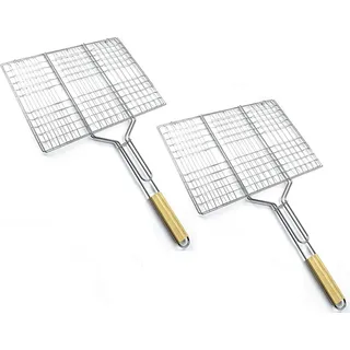 2 x Grillguthalter mit Holzgriff | BBQ Grillkorb für Fischgemüse Steak Garnelenkoteletts | 38,5 x 28 cm Grillgitter aus Metall | Gemüsekorb Burger Grillwender | Grilling Basket | Grill Rost zum Grillen
