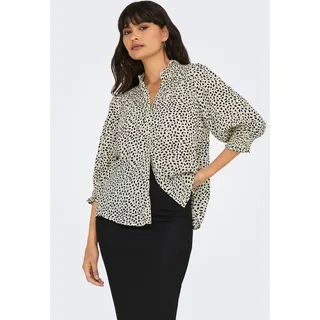 Kurzarmbluse ONLY "ONLRAYA 3/4 SHIRT WVN NOOS", Damen, Gr. XS, schwarz (cloud dancer aop:schwarz graphic dot), Web, Obermaterial: 100% Viskose, bedruckt, lässig geschnitten normal, V-Ausschnitt, gesmokt, Blusen Kurzarmbluse, Viskose, regular fit