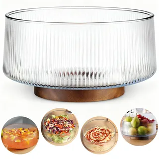 NiHome Extra Große Salatschüssel aus Glas mit Akazienholz-Boden, Rippendesign, Übergröße für Familienessen, Partys und Zusammenkünfte,Vielseitige Servierschale für Salate, Pasta, Obst und Snacks