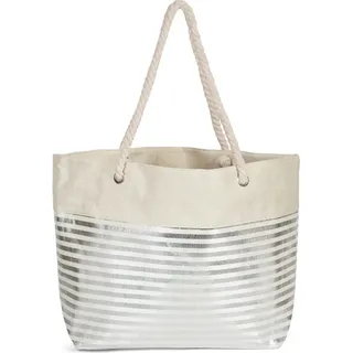 Stylebreaker Damen XXL Strandtasche mit Reißverschluss und Metallic Glitzer Streifen | große Badetasche für Familie oder Shopping | 58 x 38 x 20 cm, Farbe:Beige-Silber