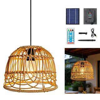 Solarlampen für Außen Garten, Solar Hängeleuchte für Außen Innen, Outdoor Rattan Solar Hängelampe mit Fernbedienung und Solarpanel, Boho Solarlampen, Solarlampen Pendelleuchte für Balkon Terrassen
