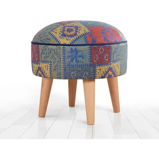 Atelier Del Sofa Stilvoller Blauer Pouf, 45 x 45 x 45 cm | 50% Baumwolle & 50% Leinen, 6 cm orthopädischer, weicher Schaumstoffkern, Beine aus Buchenholz | Ideal für Moderne Wohnräume
