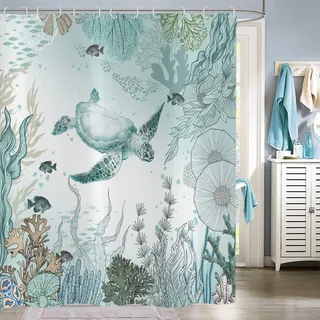 Hnmdmyi Duschvorhang Meeresschildkröte 180x200, Nautische Küste Tropische Fische Koralle Türkis Ozean Thematisch Unterwasser Meeresleben Badewanne Vorhang Wasserdicht Stoff Waschbar Badevorhang