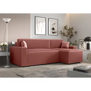 Ecksofa Alvito BIS, Farbe: Rosa. Material: Kord. A: B: 252 cm,H: 85 cm,Länge: 140 cm, Eckcouch, Schlafcouch, Sofa bed, Schlafsofa - Rosa