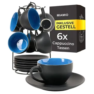 MIAMIO - 6 x 175 ml Tasse Cappuccino Tassen mit Unterteller & Ständer/Cappuccinotassen Set - Le Papillon Kollektion (Blau)