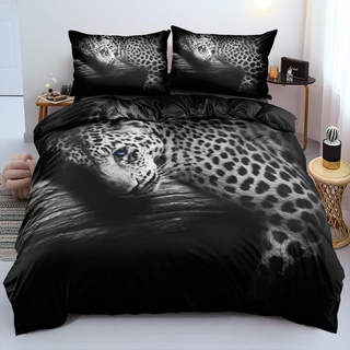 YASMENG 3D Bettwäsche 135x200 4teilig Leopard Tiermotiv Grau Blau Bettbezug Set Weich Mikrofaser Bettwäsche für Geschenke Zimmer Deko mit Reißverschluss und 2 Kissenbezüge 80x80 cm