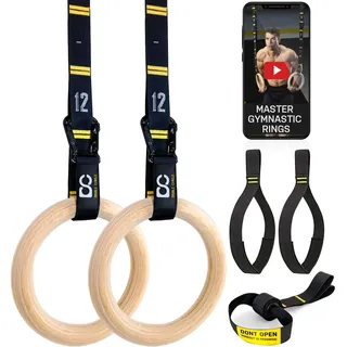 Double Circle Holz Turnringe mit verstellbaren Straps und Übungs Video Anleitung - Gym Turnringe Holz - Full Body Workout, Calisthenics, Gym (Verschiedene Größen) (Ringe+Gurte+Anker+Beingurt)