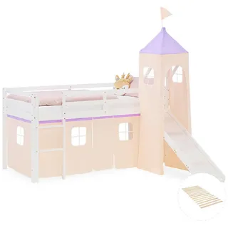 Homestyle4u Hochbett 90/200 cm in weiß Rutsche Turm Bettvorhang peach Lattenrost , Lila, Weiß , Textil , Kiefer , 90x200 cm , Babymöbel & Kindermöbel, Kinderzimmer & Jugendzimmer, Kinderbetten, Hochbetten