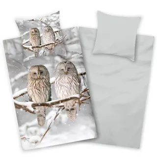 Aminata kids Biber Bettwäsche Eule 135x200 Baumwolle Tier-Motiv, Reißverschluss warm & kuschelig, Flanell-Winter-Bettwäsche-Set - Wendebettwäsche mit Winterlandschaft grau