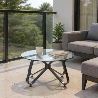 FurnitureR Bistrotische für Garten, rund, minimalistisch, aus Hartglas, Top mit glatten abgerundeten Kanten, Couchtisch aus Metall für Garten/Balkon/Terrasse/Bistro/Terrasse, 80 x 80 x 40 cm