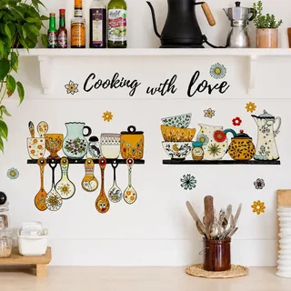 WandSticker4U®- Vintage Wandsticker KÜCHENREGAL I Wandbilder: 73x57 cm I Wandtattoo Küche Sprüche Liebe selbstklebend Retro Deko modern I Wand Aufkleber für Küchenschrank Kühlschrank COOL