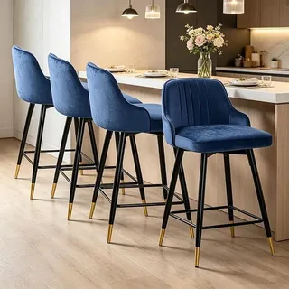 Samt Barhocker 4er Set mit Rückenlehne, 360° Drehbar, 65 cm Sitzhöhe, Ergonomische Gepolsterte Barstühle mit Stabilen Metallgestell, Pflegeleicht für Küche, Tresen, Bar & Esszimmer Blau - Blau