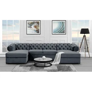 U-Form Ecksofa mit Schlaffunktion und Bettkasten Chester U-Shape Sofa im Chesterfield Stil, Stoff: paros 06 - anthrazit, Knöpfe: Zirkonia - Hellgrau