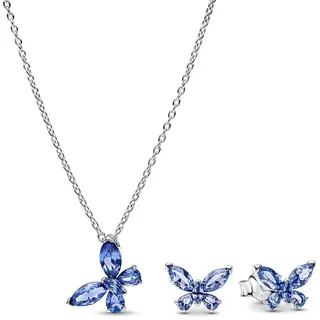 PANDORA Damen-Geschenkset Kette und Ohrstecker Schmetterling Blau Silber Schmuck-Set mit Halskette und Ohrringen für Frauen, modisches Geschenk 21126