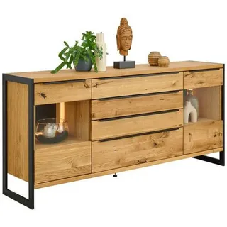 Linea Natura Sideboard , Schwarz, Eichefarben , Metall , Asteiche , furniert, massiv,vollmassiv , 4 Fächer , 4 Schubladen , 180.4x85x42 cm , Beimöbel erhältlich, Beleuchtung , Wohnzimmer, Wohnwände, Wohnwand-Serien