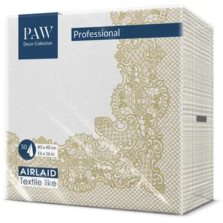 Paw Decor Collection PAW - Servietten aus Airlaid - Stoffähnlich (40 x 40 cm) I 50 Stück I Ideal für Hochzeit, Taufe, Kommunion, Geburtstag I Stoffservietten - Ornament, Gold, Rahmen I Farbe: Royal Lace (gold)