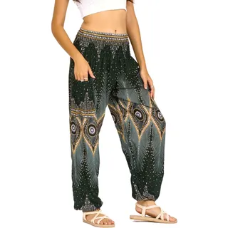 Lofbaz Damen Haremshose Yogahose Pumphose Hippie Hose Boho Kleidung Festival Outfit Sommerhose Leicht Sommer Hosen - Floral 2 Dunkelgrün S