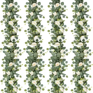 Betylifoy Künstliche Blumengirlande Hochzeit Eukalyptus Girlande 4 Stück, Blumengirlande Weiß 180cm Kunstblumen Rosenrebe Girlanden Künstliche Pflanze für Hintergrund Party Dekor