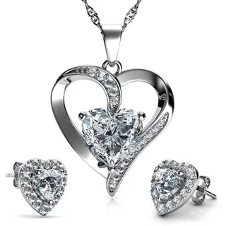DEPHINI Schmuckset mit Halskette und Herz-Ohrringen, 925er Sterlingsilber, weiße Kristall-Ohrstecker und Anhänger, Geburtsstein, feines Schmuckset für Damen