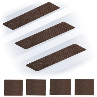 Relaxdays Stufenmatten 16er Set, rechteckige Treppenstufenmatten, 65 x 20 cm, selbsthaftende Treppenteppiche, braun