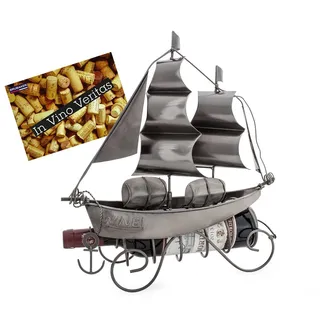 Brubaker Wein Flaschenhalter Segelschiff - Flaschenständer Skulptur aus Metall mit Geschenkkarte - Silber Weingeschenk Höhe 39 cm