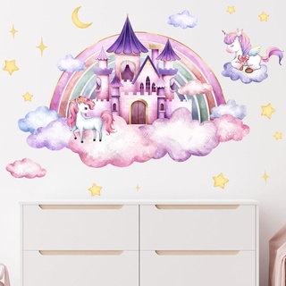 COVPAW Wandtattoo Regenbogen Schloss Einhorn Wandaufkleber Blumen Wolken Schmetterlinge Mädchen Wandsticker Wanddeko für Mädchenzimmer Kinderzimmer Babyzimmer (Regenbogen Einhorn Schloss)