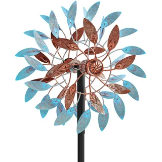 Metall Windrad Garten Dekoration mit Federblättern in Retro-Farben - Elegante Windspiele für Garten, Rasen und Terrasse, Windskulptur Spinner mit Metallpfahl (Blau+Braun)