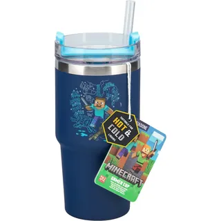 Paladone Minecraft Gamer-Thermobecher mit Trinkhalm, wärmegedämmt, offiziell lizenzierte Wasserflasche für heiße und kalte Getränke, Tee, Kaffee, Geschenk für Jungen, 600 ml, Blau