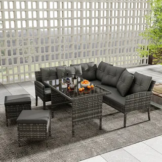 Flieks Rattan Gartenmöbel Set 7 Personen, Terassenmöbel Balkonmöbel Set 4-tlg mit Kissen, Gartenlounge Set Loungemöbel Gartengarnitur Sitzgruppe, Grau - Grau