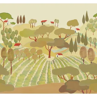 Rasch Tapete 557992 - Fototapete auf Vlies mit gezeichneter Landschaft in Grün und Braun aus der Kollektion Onszelf - 2,80 m x 3,00 m (LxB)